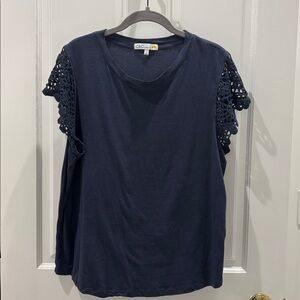 C&C California Deep Blue Tee with crochet sleeves 
Size Large